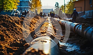 Underground water pipeline installation in trench, infrastructure development for urban water supply system, civil