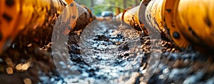 Underground water pipeline installation in trench, infrastructure development for urban water supply system, civil