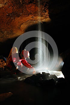 Underground waterfall in a cave