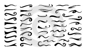 Underline swash. Flourish retro swoosh. Hand drawn decorative typography pen stroke. Black silhouette lines and swirls