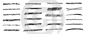 Underlines set brush stroke, marker lines grunge curve, wavy free hand marks textured simple borders strikethrough