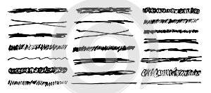 Underlines set brush stroke, marker lines grunge curve, wavy free hand marks textured simple borders strikethrough