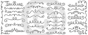 Underlines set with swishes swooshes and curly strokes. Swash hand drawn dividers. Squiggle calligraphy elements. Vector