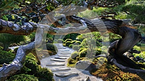 Underneath the arching branches of a grand bonsai tree the stone path continues on inviting you to slow down and fully
