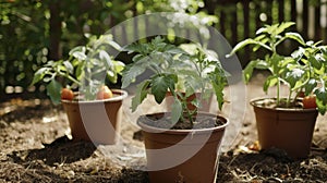 Underneath the potted tomato plants a layer of thick dark mulch helps to retain moisture and deter weeds from competing photo