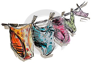 Underpants for baby girl hanging on the clothesline hand drawn marker sketch