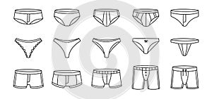 Underpants outline sketch set. Female and male underpants. Personal underclothing apparel. Classic boxers, trunks photo