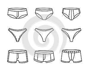 Underpants outline sketch set. Woman and men underpants. Personal underclothing apparel. Classic boxers, trunks, bikini photo