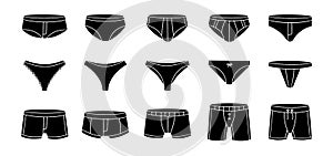 Underpants set. Female and male underpants. Personal underclothing apparel. Classic boxers, trunks, bikini, strings photo