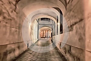 Underpass from Farska Street to Venturska Street, Bratislava, Slovakia. Night view