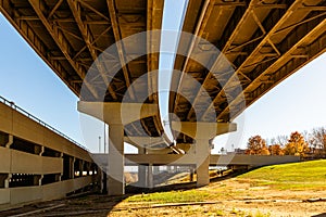 Underpass highway I-480 and I-80 bridge approach over Missouri River in Omaha Nebraska