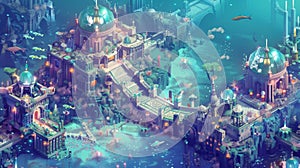 Undersea isometric Atlantis with crystal domes merfolk and ancient tech artifacts
