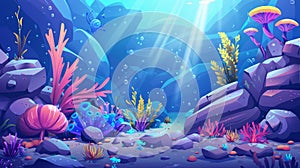 The undersea life of a fantasy landscape with alien mushrooms, flowering plants and seaweed growing on rocks under a