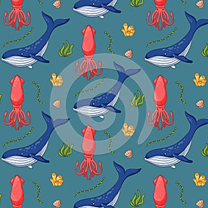 Undersea seamless pattern in cartoon style. Underwater animals squid, blue whale, coral, seashell and seaweed. Vector