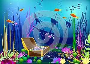Undersea vector illustration with sunk ship and chest with gems
