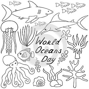 Undersea world. Vector set of illustrations. Outline on a white isolated background. The inhabitants of the ocean. Hand drawing.
