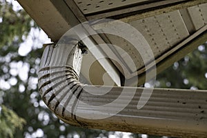 Underside of a dirty full exterior house gutter with downspout