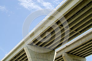 Underside of highway bridges on blue sky