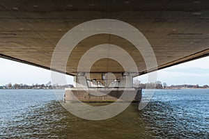 Underside of a long bridge in the Netherlands
