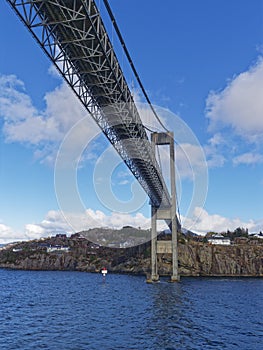 The underside of the Sotra suspension Bridge spanning Knarreviksundet