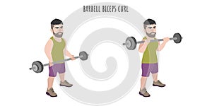 Undersized man doing barbell biceps curl exercise