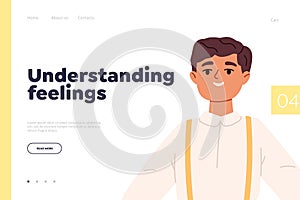 Understanding feelings concept of landing page with happy kid boy waving hands and jumping