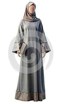 Understated style, Mannequin in beaded grey abaya and hijab photo