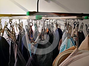 underware sock lingerie hanging on clothes line with moning light background