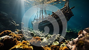 Underwater adventure fish, shipwreck, scuba diving, coral, sea life generated by AI
