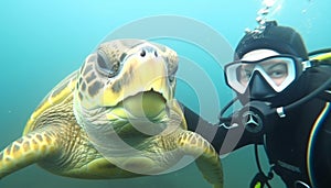 Underwater adventure Scuba diving with sea turtles in tropical paradise generated by AI