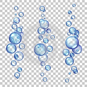Underwater air bubbles. Fizzing gas flying in water or soda drink. Realistic soap or oxygen bubble group flow in sea or