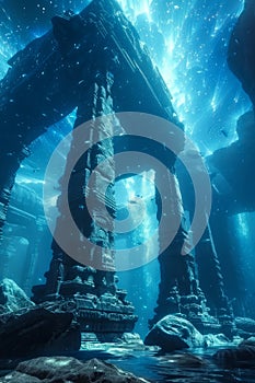 Underwater Ancient Ruins in Mystical Ocean Sunken Columns with Marine Life and Light Beams