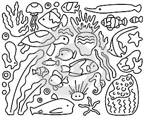 Underwater animal and coral reef fishes line art vector illustration on white background
