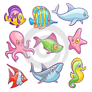 Underwater animals. Cute sea tropical fishes funny ocean underwater animal kids vector isolated set