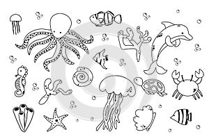 Underwater Animals elements set, collection of coloring book template, the group of outline digital elements vector