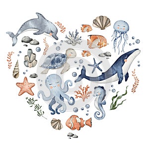 Underwater Animals heart design. Cute undersea composition in circle with whale, dolphin, octopus, seahorse, jellyfish