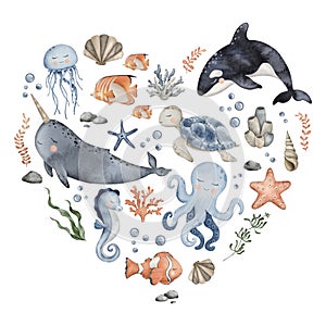 Underwater Animals heart design. Cute undersea composition in circle with whale, dolphin, octopus, seahorse, jellyfish