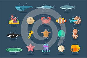 Underwater animals set, lea life vector Illustration in flat style