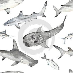 Underwater animals, shark, hammerhead shark, whale shark, marlin, fish watercolor seamless pattern