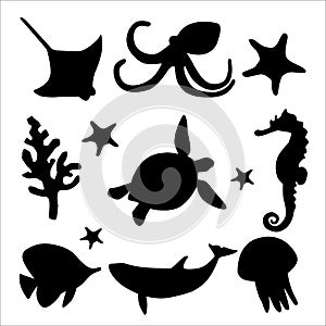 Underwater animals silhouettes set vector illustration isolated on white background