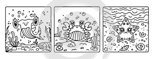 Underwater animals vector set of coloring pages. Baby shark, funny crab on the seabed. Cute smiling starfish on the beach. Happy