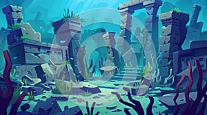 Underwater Atlantis ruins. Ancient city buildings deep under water. Sea bottom with old stone monuments, modern