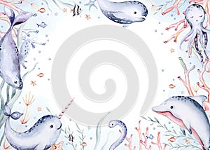 Underwater baby shower templates. Blue watercolor submarine ocean fish, turtle, whale and coral. Shell aquarium background.