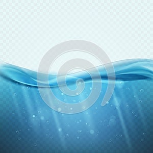 Underwater background. Blue water ocean, sea or lake with undersea light rays and waves. Ecosystem nature panorama 3d