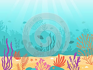 Underwater background. Cartoon seascape with coral reef, sand, seaweed and fish. Ocean bottom scene, deep undersea