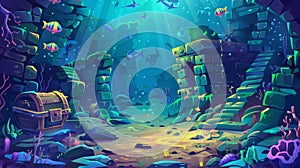 A underwater background with fish, sunken ship, and wrecked ship. This is a modern cartoon of a deep seafloor with photo