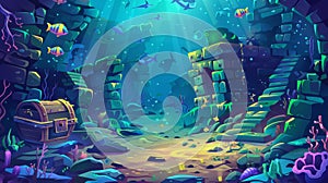 A underwater background with fish, sunken ship, and wrecked ship. This is a modern cartoon of a deep seafloor with