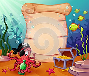 Underwater background with pirate octopus and treasures