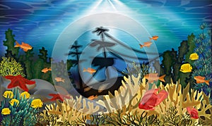 Underwater background with sunken ship, vector