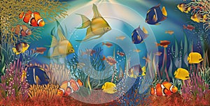 Underwater background with tropical fish, vector